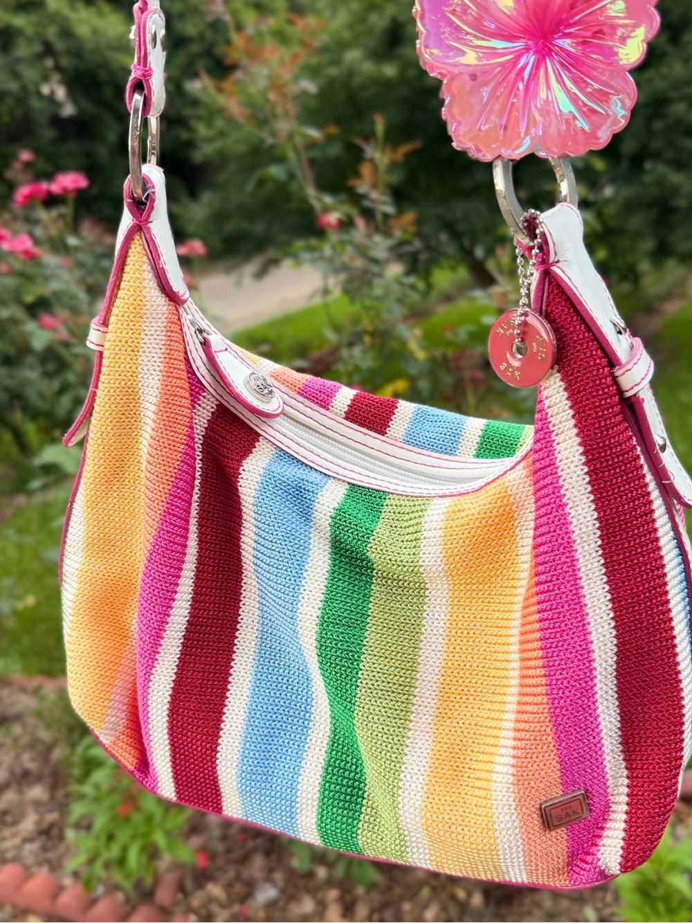 The Sak Rainbow Stripe Kids Shoulder Bag with Pink Plush Charm - Picture 2 of 13